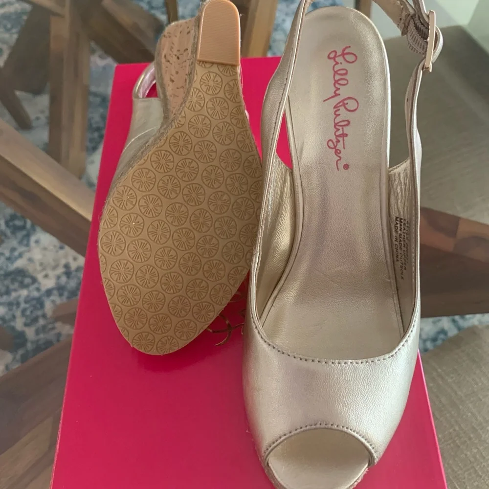 Lilly Pulitzer Metallic Rose Gold Wedge Sandals
